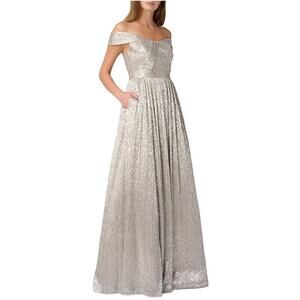 Aidan Mattox Women's Silver Gold Off The Shoulder Metallic Gown Size 10